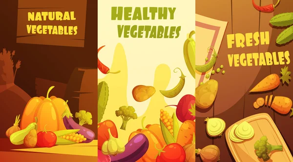 Verduras ecológicas Banners verticales Cartel de dibujos animados — Archivo Imágenes Vectoriales