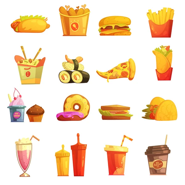 Set de iconos de dibujos animados retro de comida rápida — Vector de stock