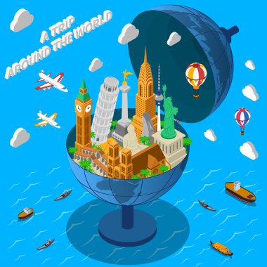 World Landmarks In Globe Isometric Poster