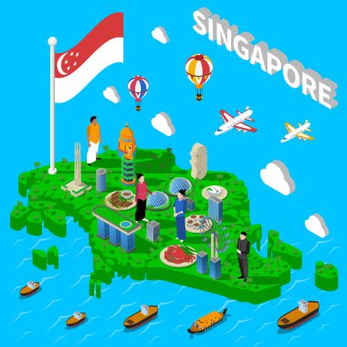 Singapur Haritası Turistik Semboller İzometrik Poster