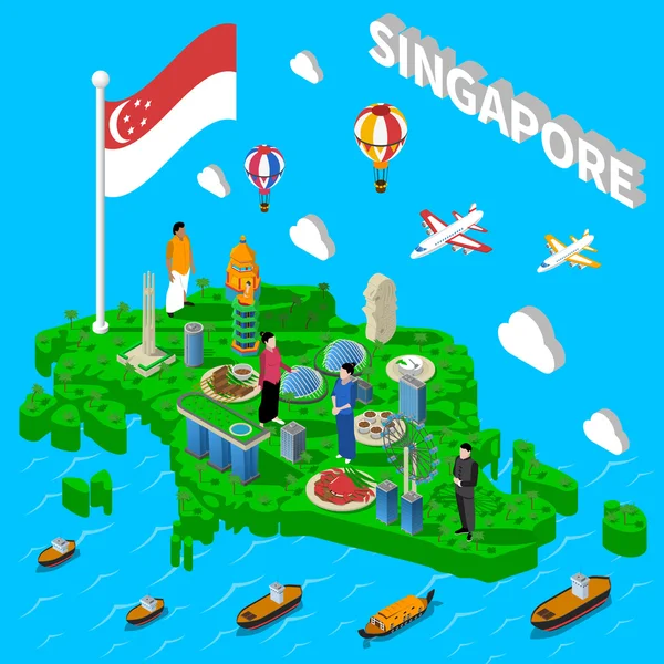 Mapa de Singapura Símbolos Turísticos Cartaz Isométrico — Vetor de Stock