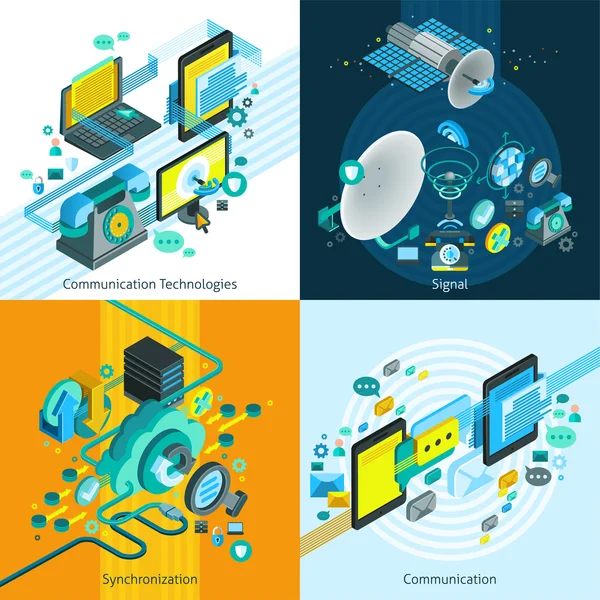 Concepto de diseño isométrico de telecomunicaciones 2x2 — Vector de stock