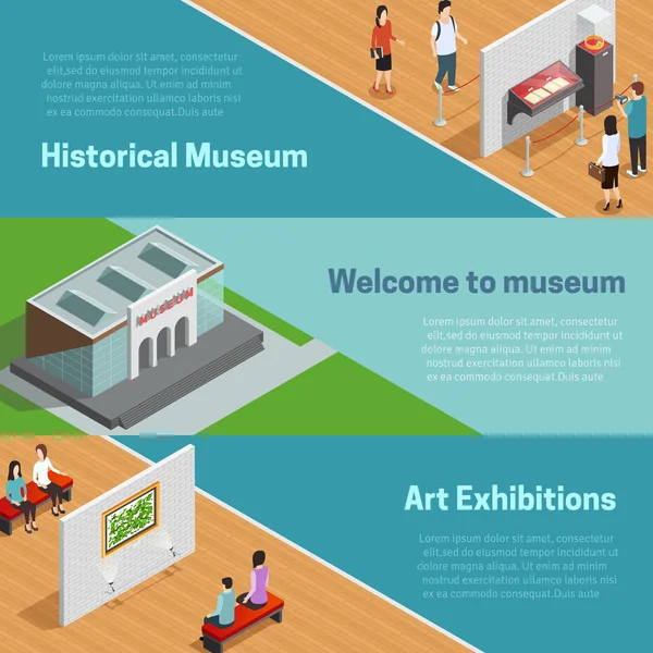 Set di banner isometrici del museo — Vettoriale Stock