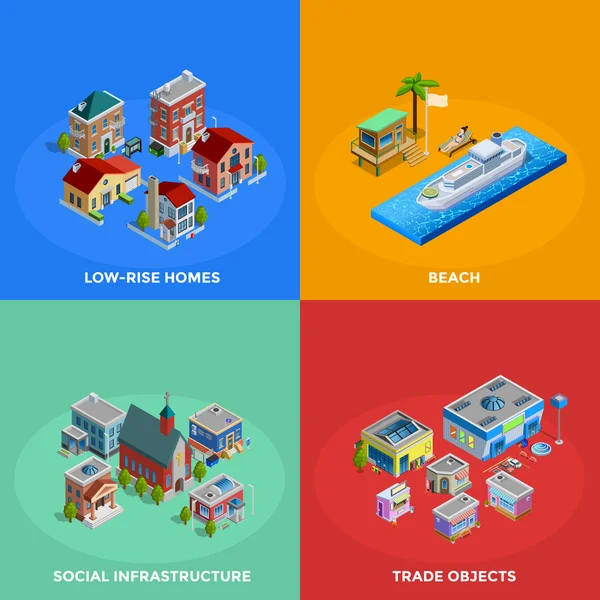 Ciudad isométrica 2x2 iconos conjunto — Archivo Imágenes Vectoriales