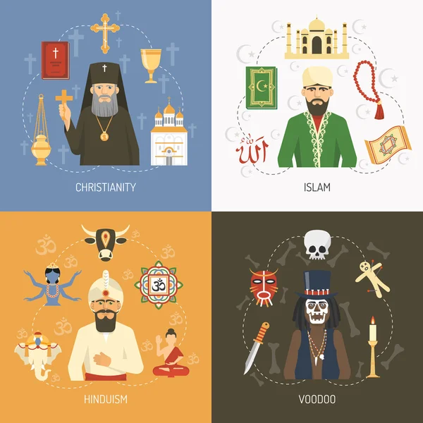 Religies concept 4 platte pictogrammen vierkant — Stockvector