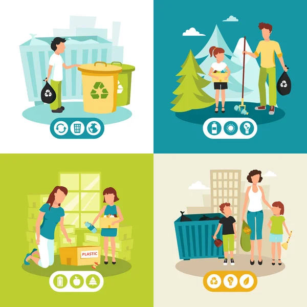 Reciclaje de basura 4 Iconos Planos Cuadrado — Vector de stock