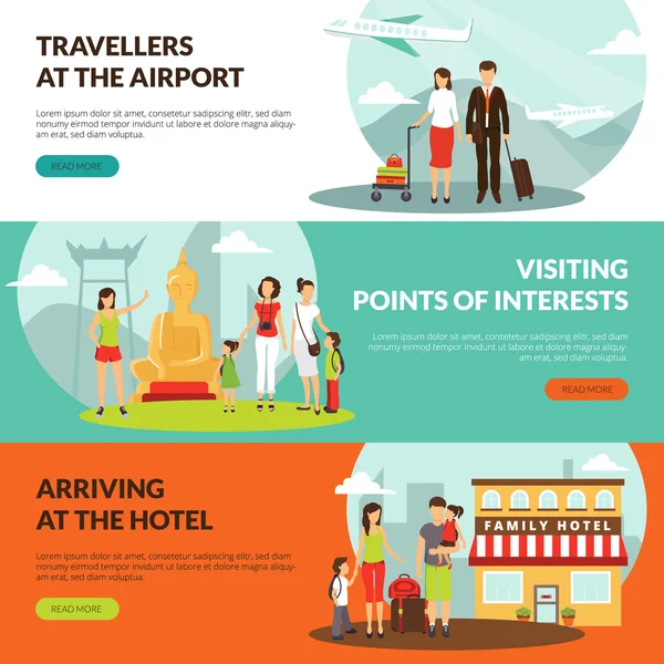 Conjunto de banners horizontales planos Travelers 3 — Vector de stock