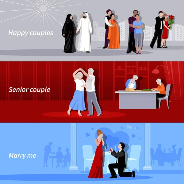 Parejas personas Banners planos — Vector de stock