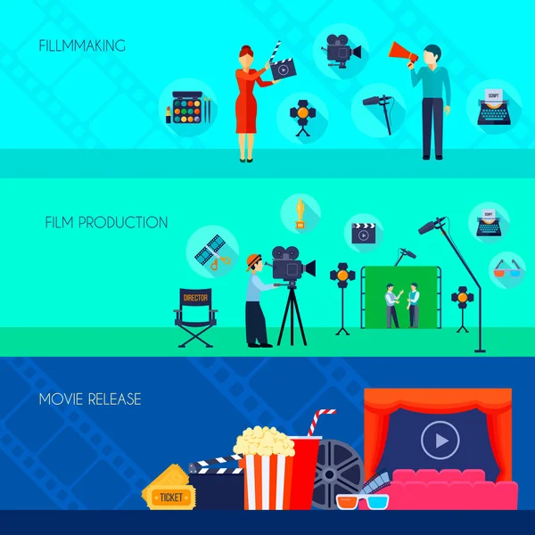 Filmmaking Movie Release 3 Banners planos — Vector de stock