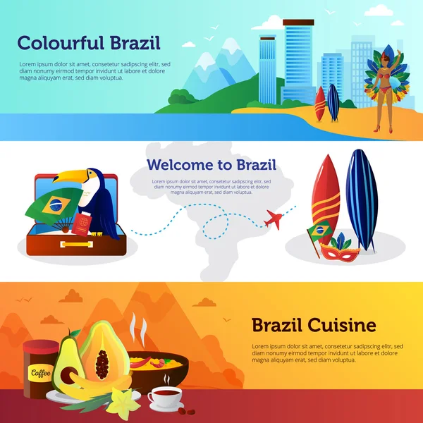 Conjunto de banners horizontales planos de viaje de Brasil — Vector de stock