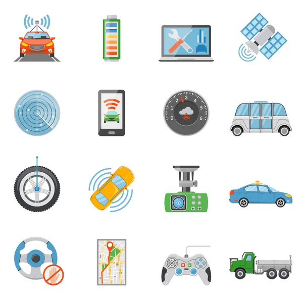 Ensemble d'icônes de véhicule autonome de voiture sans conducteur — Image vectorielle