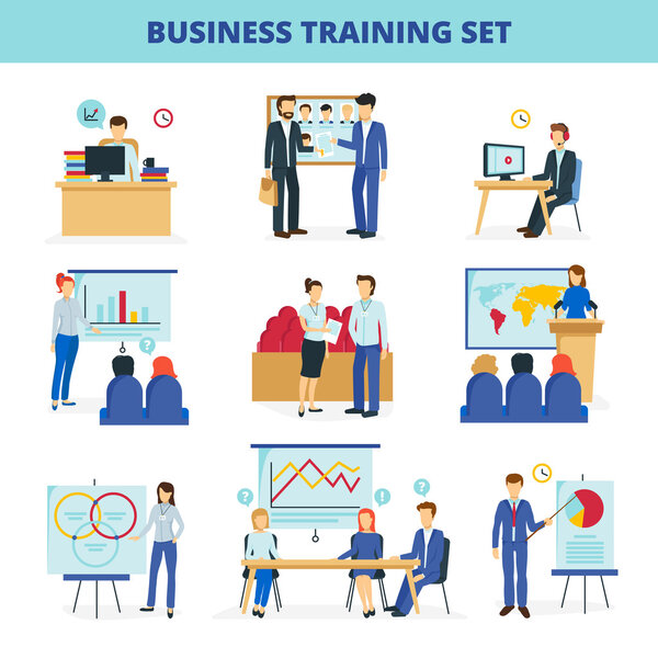 Business Training Workshops Flat Icons Set 