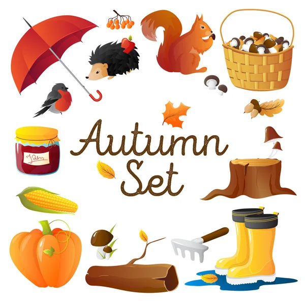 Conjunto de iconos de otoño Cartel de composición redonda — Vector de stock