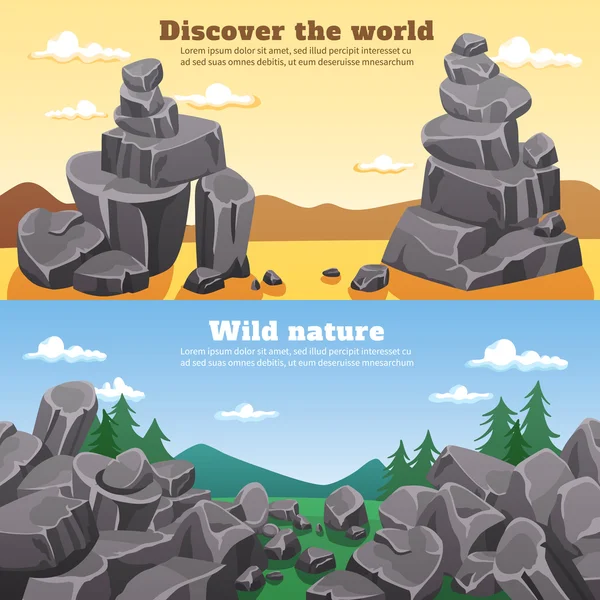 Banners horizontales de rocas y piedras — Vector de stock