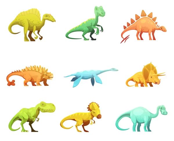 Coleção de ícones de personagens de desenhos animados retro dinossauro — Vetor de Stock