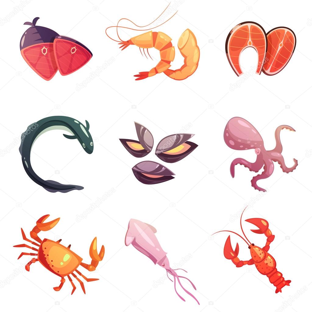  Sea Food Retro Cartoon Icons Set