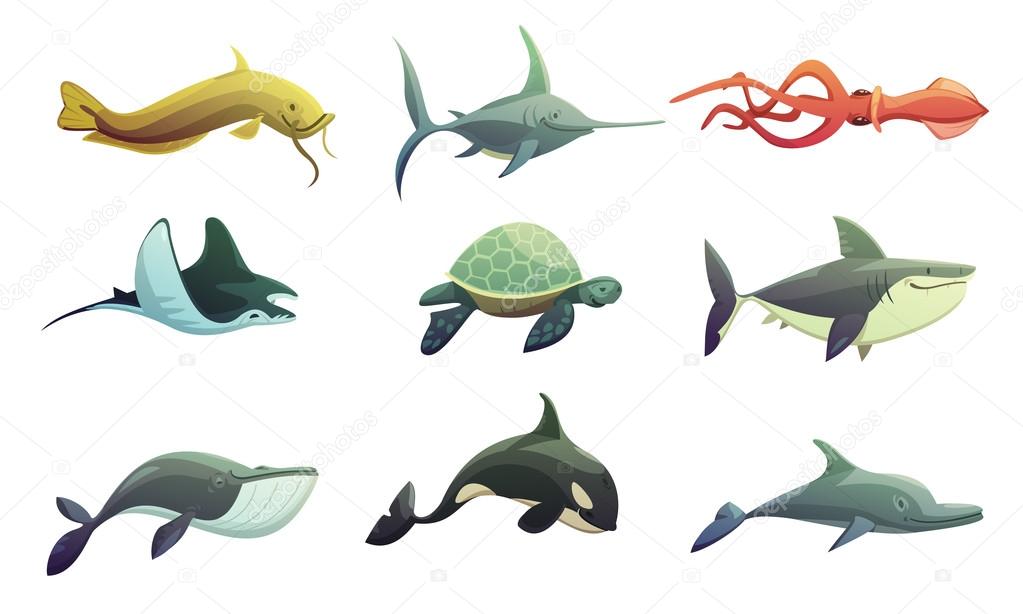 Fish And Marine Animals Cartoon Set 