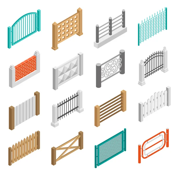 Clôtures Types Éléments Icônes Collection isométrique — Image vectorielle