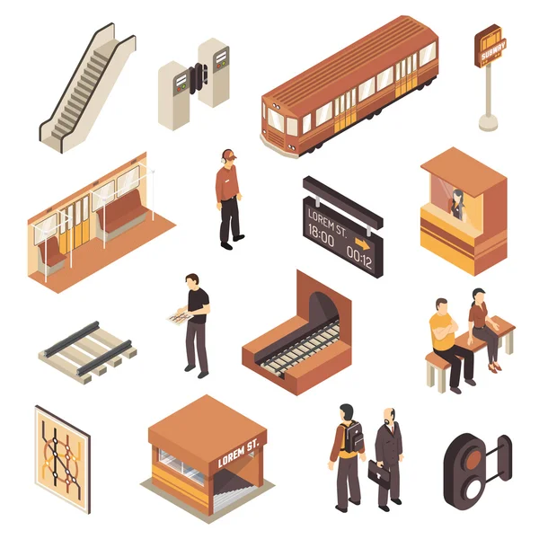 Estación de metro Conjunto de elementos isométricos — Vector de stock