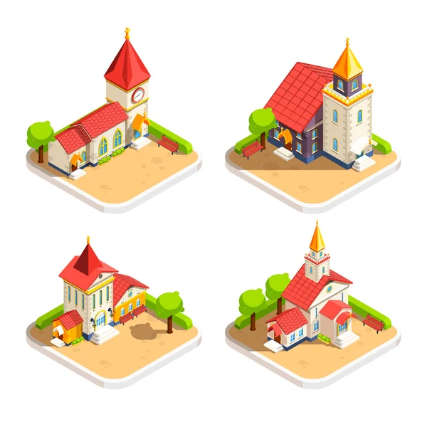 Kerk 4 Isometrisch Icons Set — Stockvector
