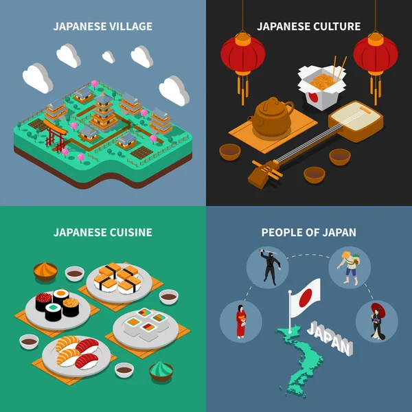 Japón Isométrico Turístico 2x2 Iconos Set — Archivo Imágenes Vectoriales