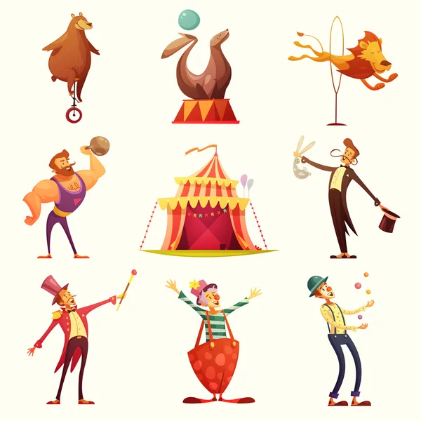 Conjunto de dibujos animados de iconos retro de circo — Vector de stock