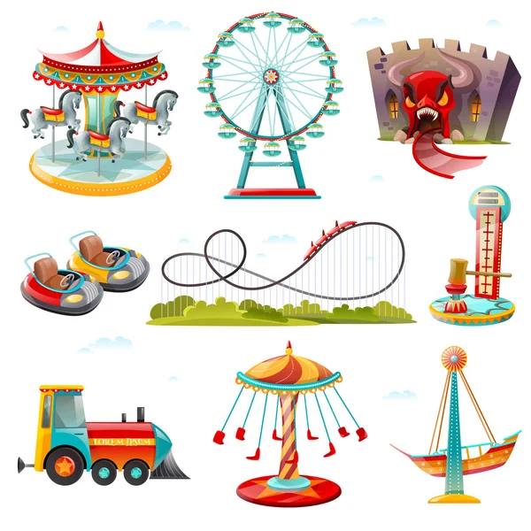 Vidámpark látnivalók lapos ikonok beállítása — Stock Vector