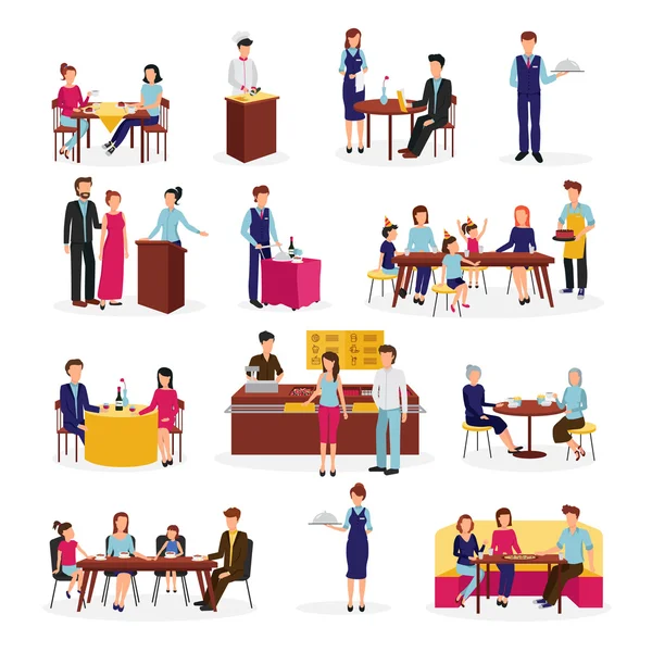 Restaurant People Situations Flat Icons Set — Stock Vector