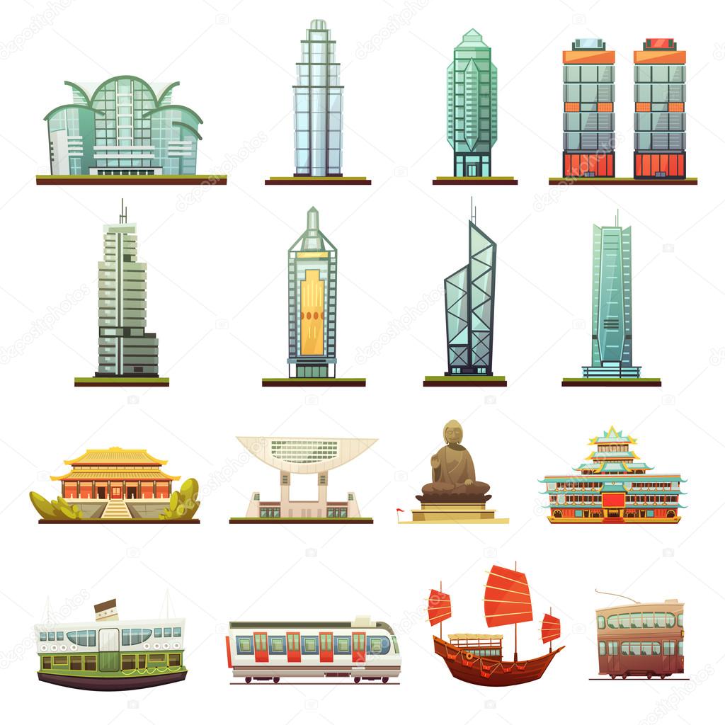 Hong Kong Landmarks Transportation Icons Set   