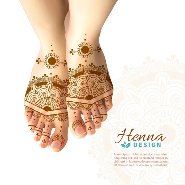 Mehndi Henna Femme Pieds Design réaliste — Image vectorielle