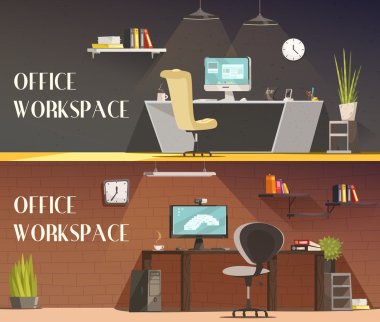 Ofis Çalışma Alanı 2 Yatay Karikatür Afişler 