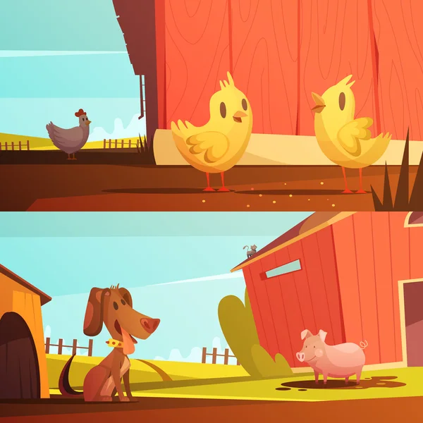 Farm Animals 2 Horizontal Cartoon Banners — Stock Vector