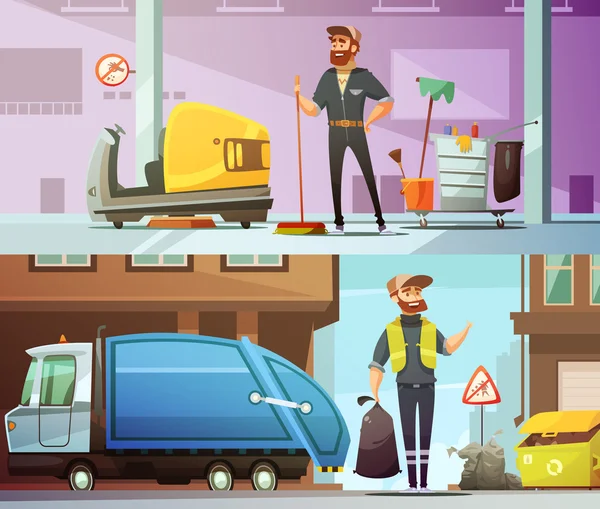 Spazzatura di pulizia Raccolta di banner del fumetto Set — Vettoriale Stock