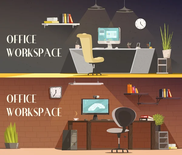 Oficina Workspace 2 Banners de dibujos animados horizontales — Archivo Imágenes Vectoriales
