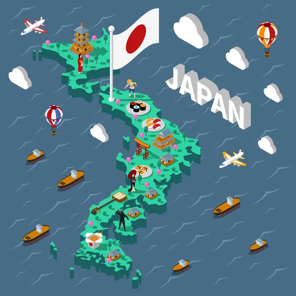 Carte isométrique touristique du Japon — Image vectorielle