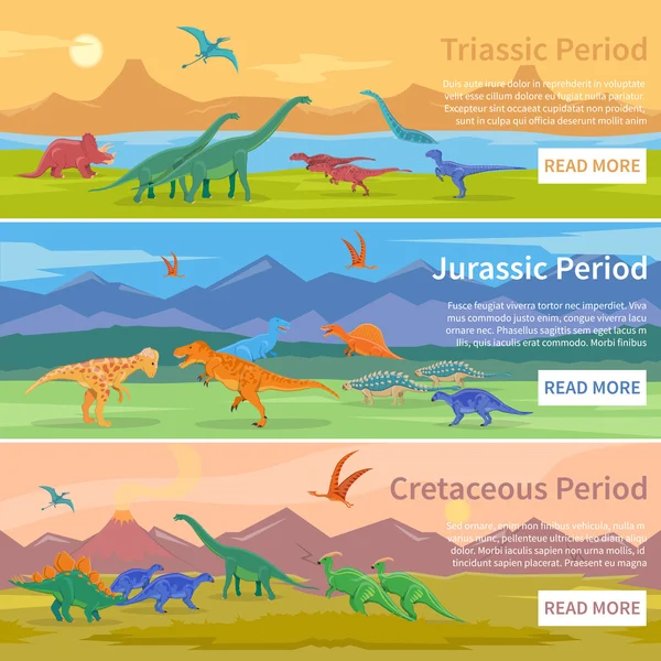 Dinossauros Banners horizontais planos — Vetor de Stock