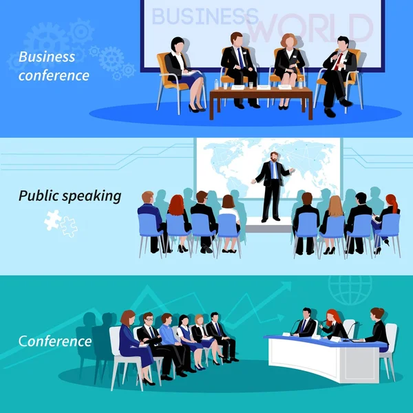 Conference Public Speaking 3 Flat Banners — Stock Vector