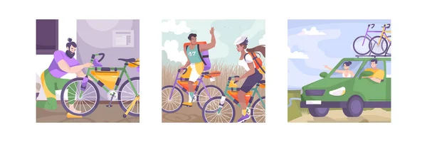 Conjunto de ilustração de turismo de bicicleta plana três —  Vetores de Stock