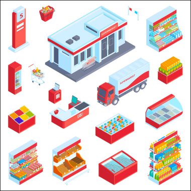 Süpermarket Isometric Elementleri Ayarlandı
