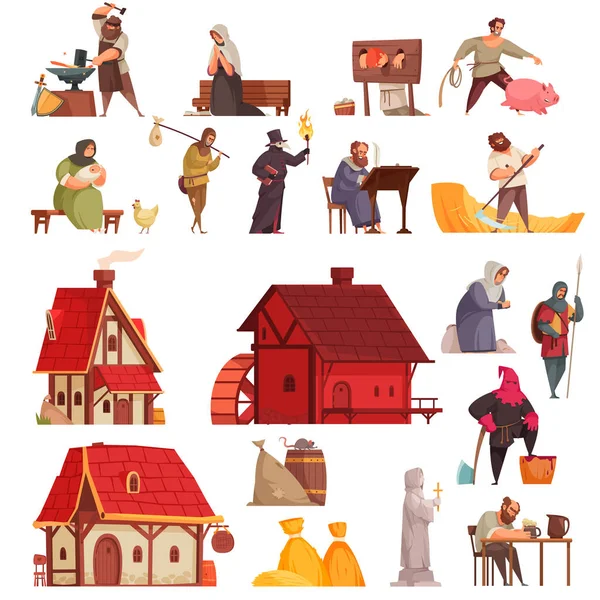 Mittelalterliches Cartoon-Icon-Set — Stockvektor