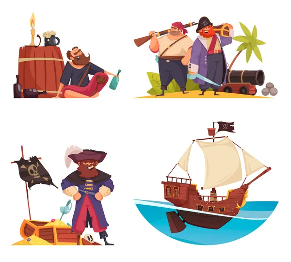 Cartoon Pirate Compositions Set — Stock Vector