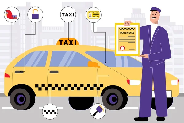 Taxi Licenza Composizione Piatta — Vettoriale Stock