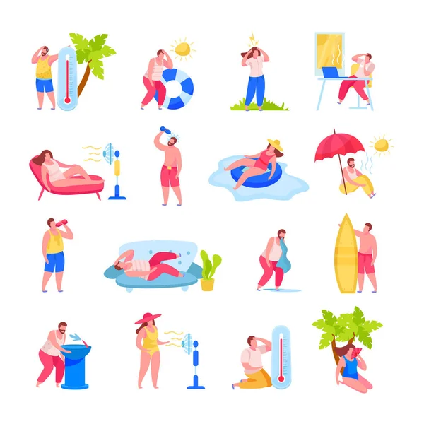 Verano golpe de calor Iconos planos — Vector de stock