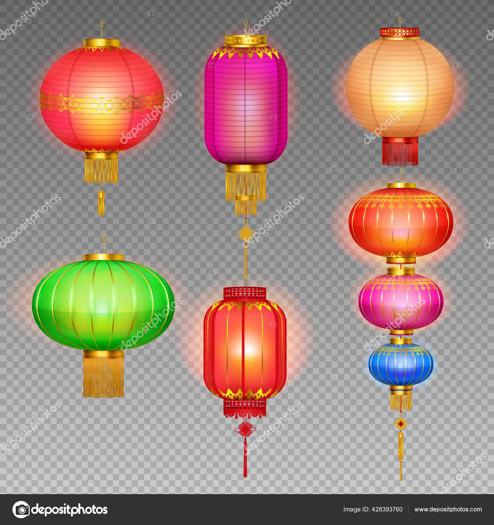 Image vectorielle Lanternes chinoises réaliste Icône transparente Set par  ©macrovector - 428393760, image size:1600x1700