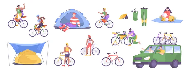 ชุดไอคอนแบนการท่องเที่ยวจักรยาน — ภาพเวกเตอร์สต็อก