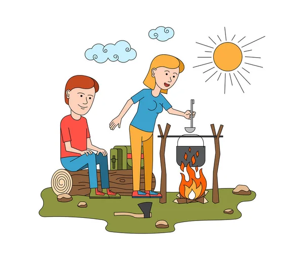 Couple At Campfire Composition — Stock Vector
