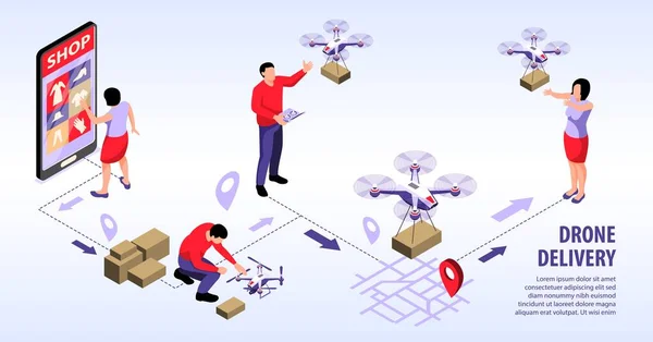 Izometrikus Drone Delivery Infographics — Stock Vector