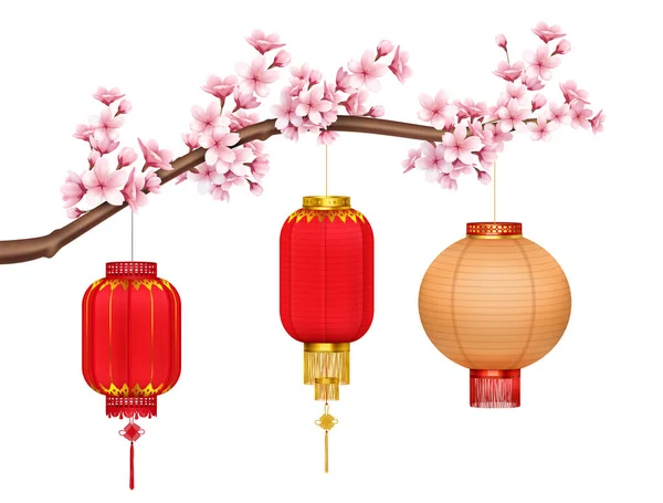 Linternas chinas sobre Sakura Composición realista — Vector de stock