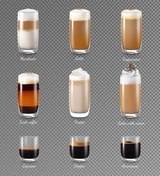 Кофейные напитки прозрачный реалистичный набор — стоковый вектор