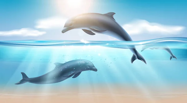 Saltar delfín fondo realista — Vector de stock